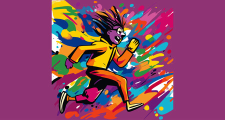 Full view of a graphic design.

A figure, likely a person, is depicted in a dynamic, running pose, against a background of vibrant, colorful, abstract splashes and shapes.