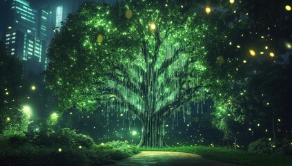 Enchanted Night: A Glowing Tree in the City
