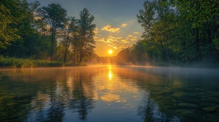 Obraz premium Sunrise on the lake in the morning mist. Beautiful summer landscape.