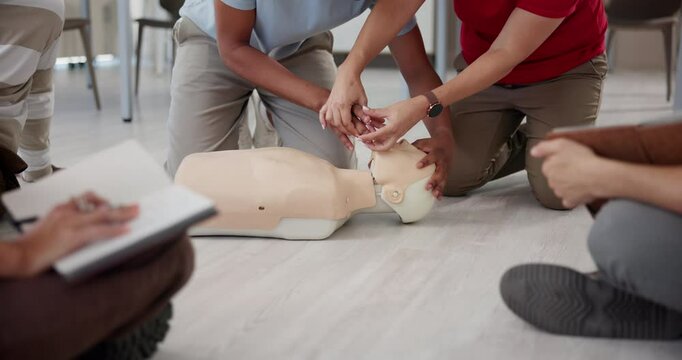 First aid training, person and dummy with demonstration for airway position, medical simulation or life saving support. CPR instructor, people and mannequin for safety technique and emergency rescue