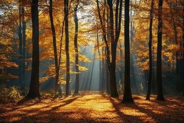 Fototapeta premium Sunbeams in autumn forest path