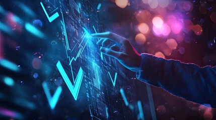 Hand interacts with glowing data graph, city lights background, tech concept