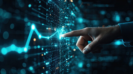 Hand interacts with upward trending graph; digital data background; financial recovery