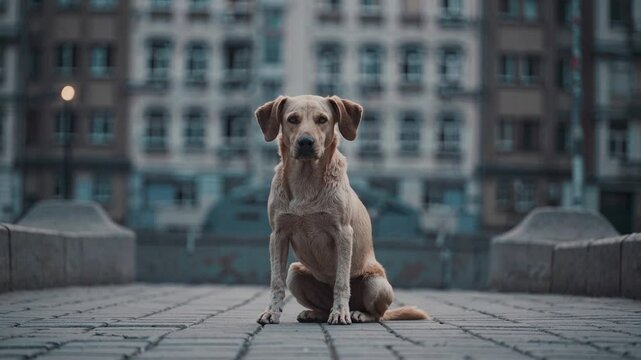 Slow Motion Shot of a Vagrant Dog Sitting &ndash; Fixed Camera, Static Shot, Front View, Lonely Stray Canine, Gentle Breeze Moving Fur, Melancholic Urban Atmosphere, Abandoned Street Scene, Sad 