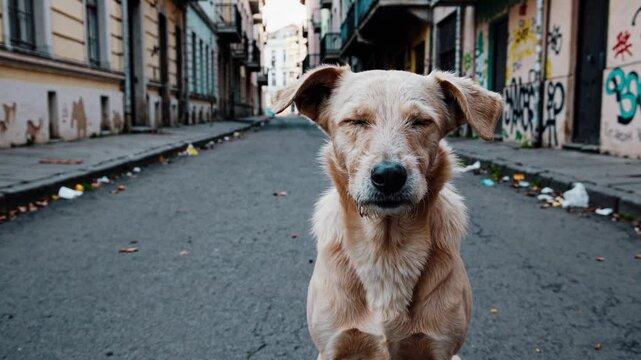 Slow Motion Shot of a Vagrant Dog Sitting &ndash; Fixed Camera, Static Shot, Front View, Lonely Stray Canine, Gentle Breeze Moving Fur, Melancholic Urban Atmosphere, Abandoned Street Scene, Sad 