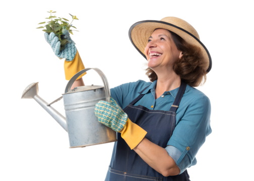 Happy gardener watering plants with joy in spring