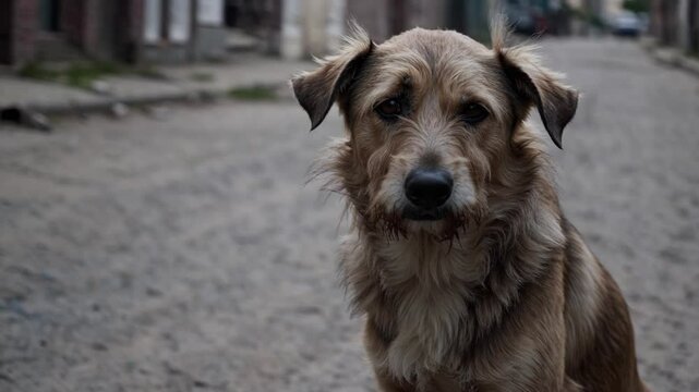 Slow Motion Shot of a Vagrant Dog Sitting &ndash; Fixed Camera, Static Shot, Front View, Lonely Stray Canine, Gentle Breeze Moving Fur, Melancholic Urban Atmosphere, Abandoned Street Scene, Sad 