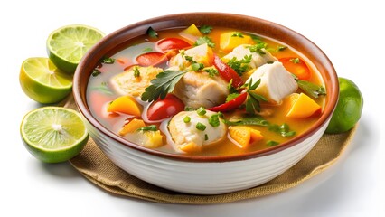 Delicious Fish Stew in a Bowl with Lime Wedges