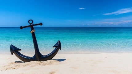 Black Anchor on Sandy Beach Seascape - Tranquil beach scene, black anchor symbolizes stability, hope, clear ocean represents serenity, sandy beach evokes peace, sunny sky signifies optimism
