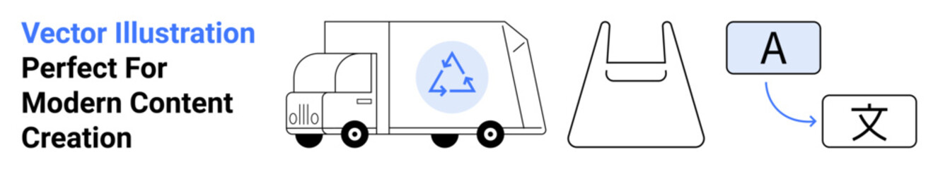 Recycling truck with eco symbol, plastic shopping bag, and language translation symbols. Ideal for sustainability, waste management, multilingual support, eco-conscious topics, education, tech