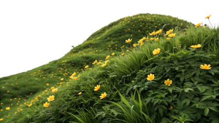 Vibrant yellow flowers blooming on green hills