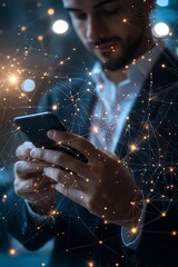 Businessman interacting with a smartphone, showcasing network connections and data graphs