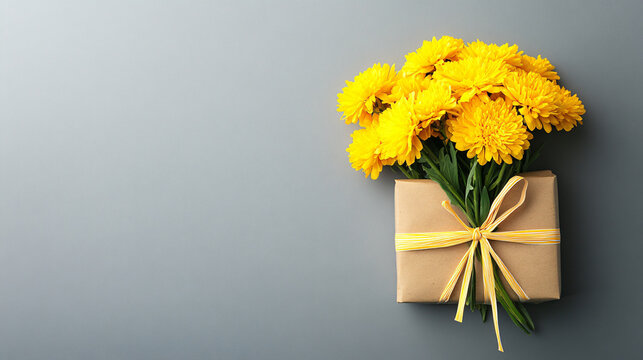 A bouquet of bright yellow mums sits atop a brown paper wrapped gift tied with a yellow ribbon, against a gray background.