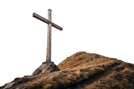 Wooden cross on a hilltop during a cloudy day