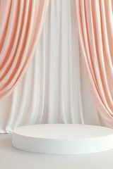 A white platform stands before draped, light-pink and white curtains, creating an elegant backdrop.