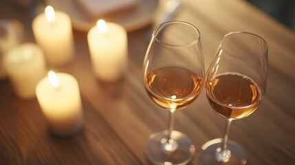Top-down close-up of wine glasses touching over a table set for a romantic anniversary, moody warm lighting