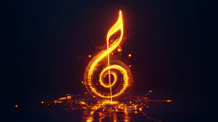a glowing treble clef with fiery sparks and light trails on a dark background

