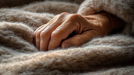 Elderly hand resting on soft, textured blanket in a cozy setting during afternoon light