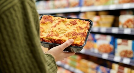 Person holding prepackaged lasagna in supermarket frozen food aisle