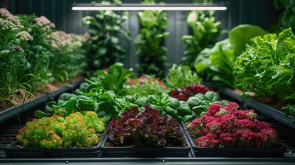 Indoor vertical farm growing various leafy greens under artificial lighting.