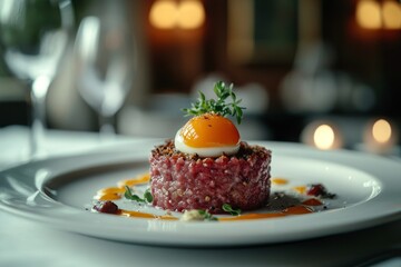 Beef tartare, egg yolk, restaurant, romantic dinner