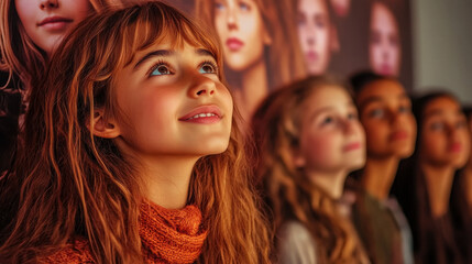 Fototapeta premium Dreamy cinematic scene of girls admiring portraits of historical women for Women’s History Month