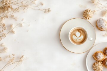 Xícara de café elegante com detalhes dourados, acompanhada de doces e decorações festivas em fundo branco, criada com IA generativa para um visual sofisticado e convidativo