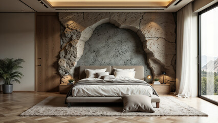 Modern bedroom design with rock wall