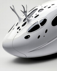 A close up of a white submarine with a snail on top of it