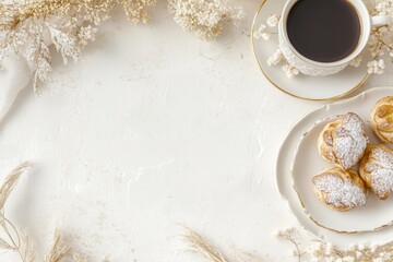 Xícara de café elegante com detalhes dourados, acompanhada de doces e decorações festivas em fundo branco, criada com IA generativa para um visual sofisticado e convidativo