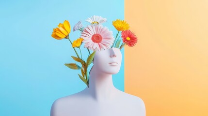 Blooming Mind: A Floral Mannequin - A white mannequin bust with colorful flowers sprouting from its head against a pastel blue and orange background. Represents growth, creativity, and beauty