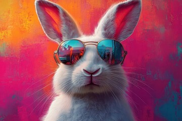 geometric white rabbit silhouette wearing mirrored aviators against a vibrant gradient background...