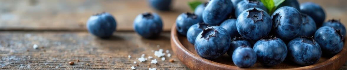 Close-up of fresh blueberries on rustic wooden background, photography, vibrant, fresh