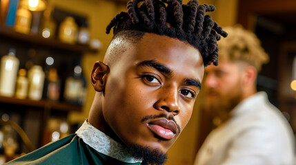A man with dreadlocks in a barber shop