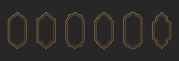 Arabic golden frames decoration isolated. Luxury islamic arch windows oriental shapes in retro style.
