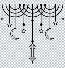 Islamic Hanging Ornament with Crescent Moons, Stars, and Lantern – Black Line Art on Transparent Background