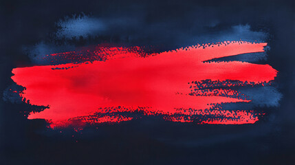 Bold red strokes create striking contrast on a deep navy watercolor canvas