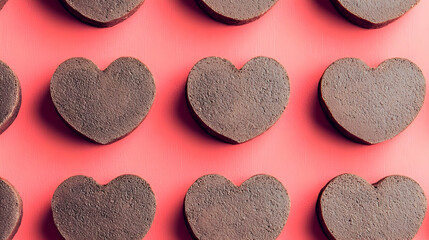 Obraz premium Heart-shaped chocolate candies arranged on a pink background; Valentine's Day treat; romantic food photography; perfect for blogs, websites, and social media