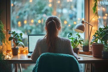 Woman working on laptop by window, cozy home office, winter lights