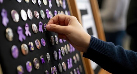 Hand pinning purple awareness ribbon button on board