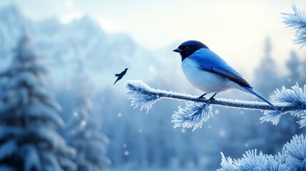 Fototapeta premium Bluebird on Frosty Branch in Winter - A vibrant bluebird perched on a snow-covered branch in a winter wonderland. A smaller bird is seen in the distance