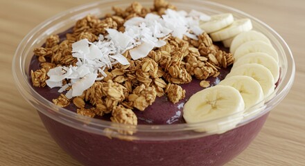 Acai Bowl Topped with Granola, Coconut Flakes, and Banana Slices