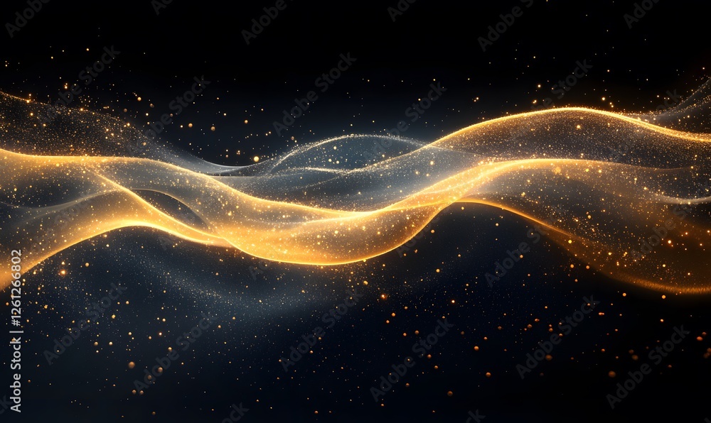 Poster golden wave abstract particle flow background, a glowing fluid with sparkling particles on black bac