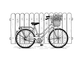 Hand-drawn black and white illustration, vintage bicycle with a small basket of flowers on the front, gentle curved frame, leaning against a simple wooden fence, thick outlines