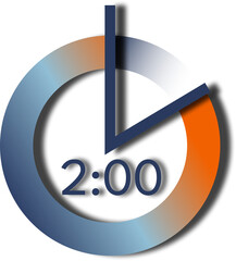 Analog and digital clock with dark blue number and orange and blue gradient base, showing 2 o'clock.