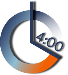 Analog and digital clock with dark blue number and orange and blue gradient base, showing 4 o'clock.