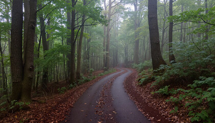Obraz premium Winding road through misty forest