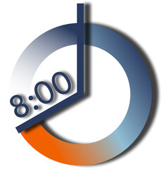 Analog and digital clock with dark blue number and orange and blue gradient base, showing 8 o'clock.