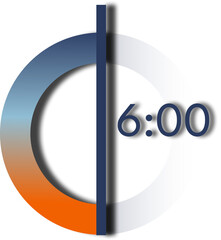 Analog and digital clock with dark blue number and orange and blue gradient base, showing 6 o'clock.
