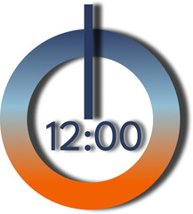 Analog and digital clock with dark blue number and orange and blue gradient base, showing 12 o'clock.